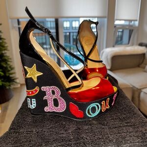 Christian Louboutin Loubi Zeppa Crisscross Red Sole Wedges – Size 7